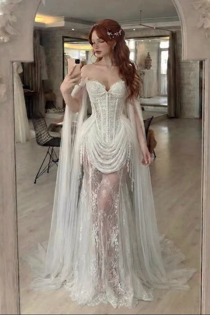 Corset Lace Sheath Wedding Dress with Cape