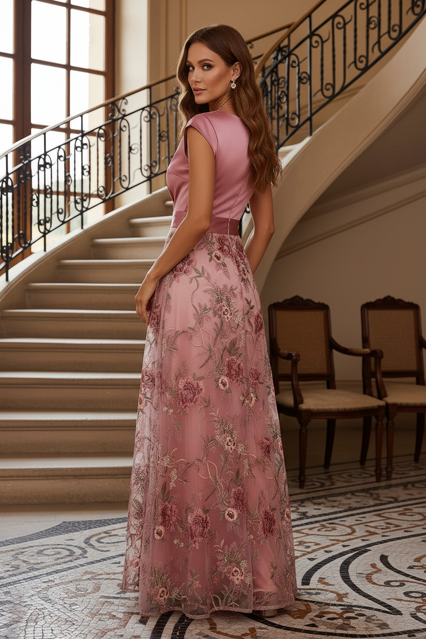 Cap-Sleeve Floral Embroidered Wrap Maxi Dress