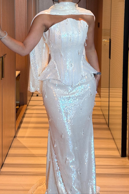Strapless Sequin Peplum Mermaid Gown with Shawl