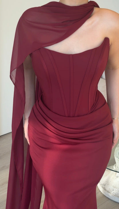 Corset Mermaid Evening Gown with Draped Cape
