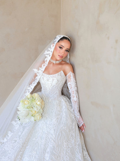 Embroidered Ball Gown Wedding Dress with Sleeves