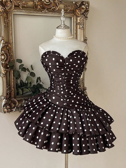 Polka Dot Strapless Ruched Tiered Mini Dress