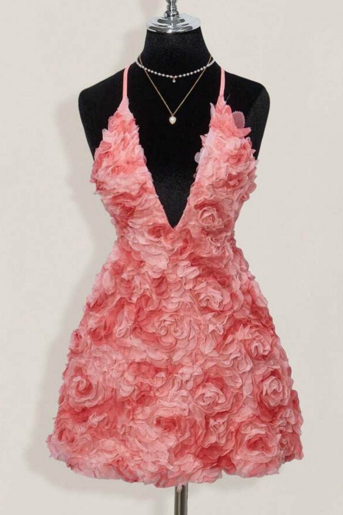 3D Rosette Deep V-Neck Mini Dress