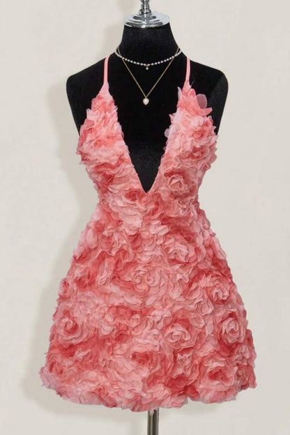 3D Rosette Deep V-Neck Mini Dress