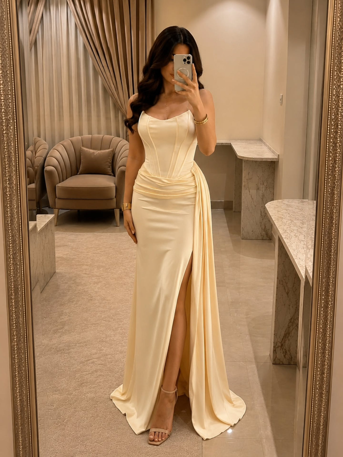 Corset Satin Evening Gown with Slit and Drape