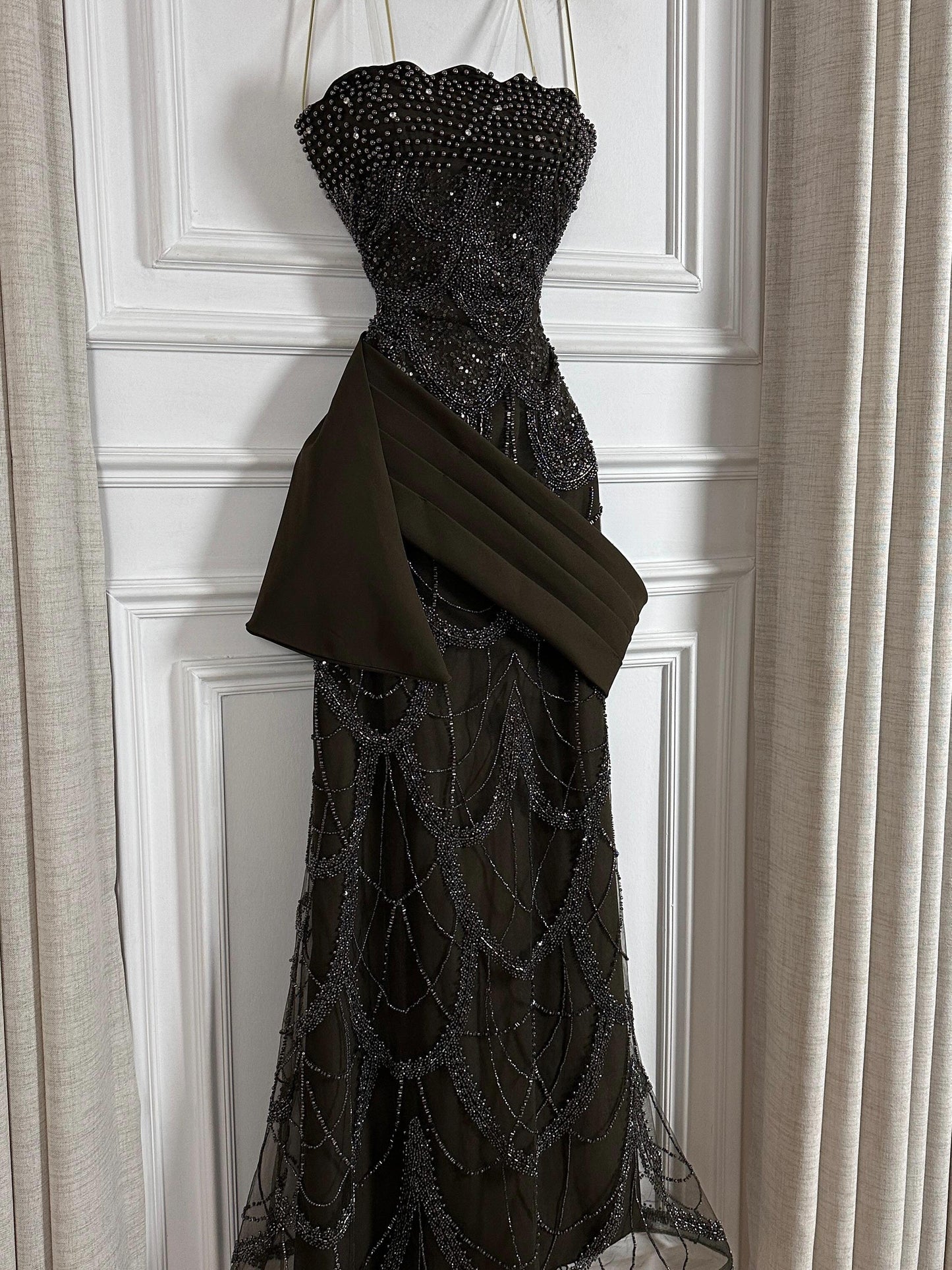 Beaded Mermaid Evening Gown with Satin Drape