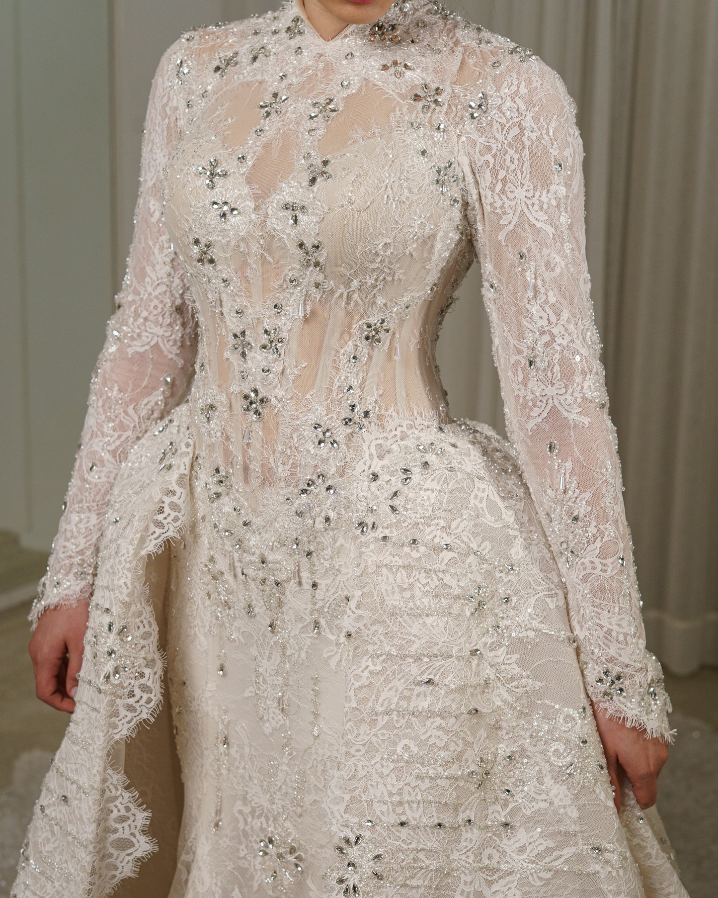 High Neck Long Sleeve Lace Wedding Dress with Overskirt