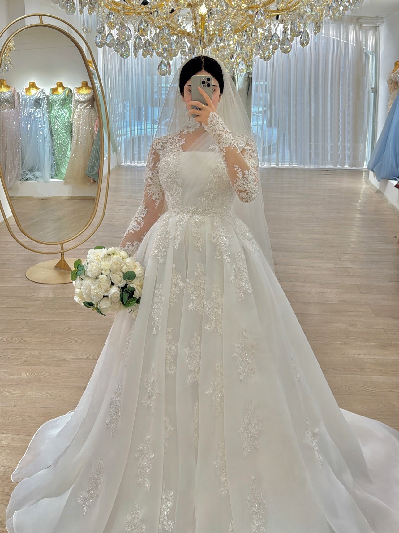 High Neck Lace Illusion Ball Gown Wedding Dress