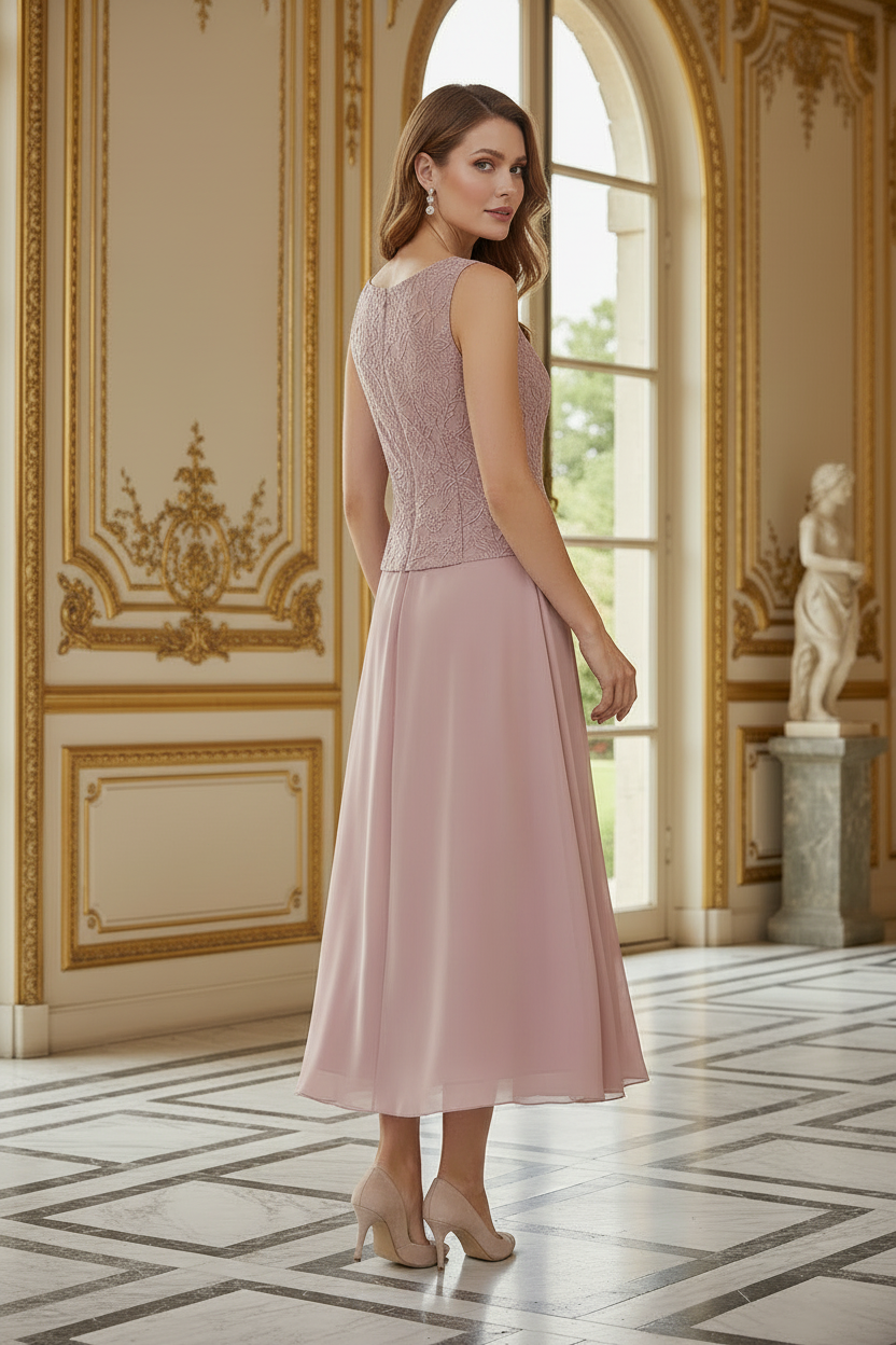 Embroidered Tea-Length Dress with Chiffon Jacket