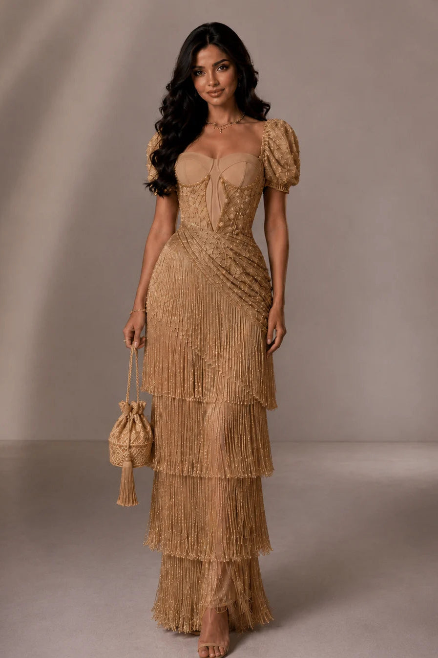 Tiered Fringe Corset Gown with Puff Sleeves