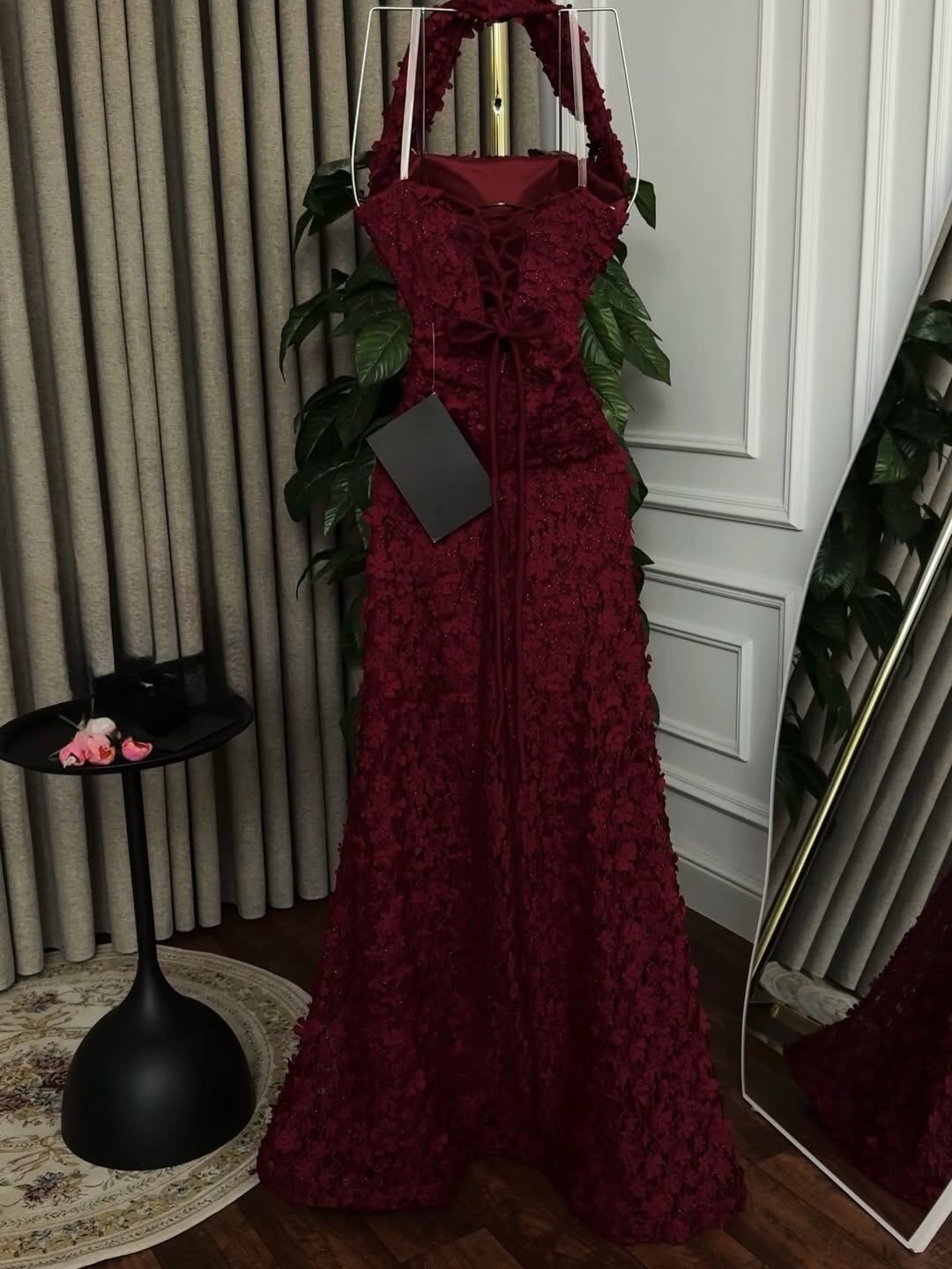 Floral Applique Halter A-Line Evening Gown
