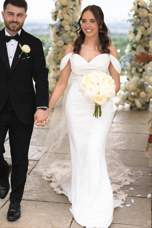Off-the-Shoulder Cowl Neck Crepe Wedding Dress