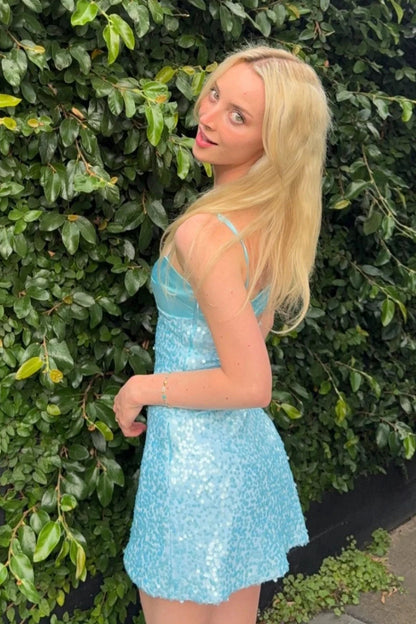 Satin Bust Sequin Mini Dress with Spaghetti Straps