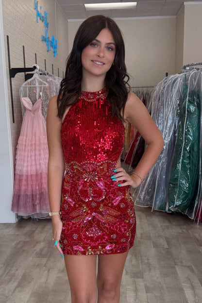 Embellished High Neck Cutout Sequin Mini Dress