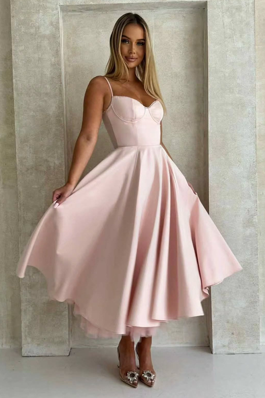 Satin Corset Midi Dress with Tulle Underlay