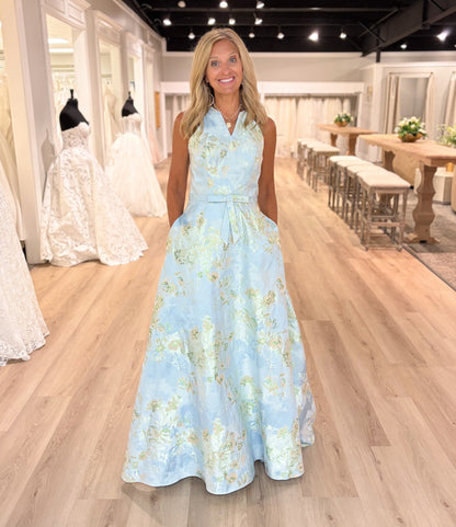 Floral Jacquard A-Line Gown with Bow Belt