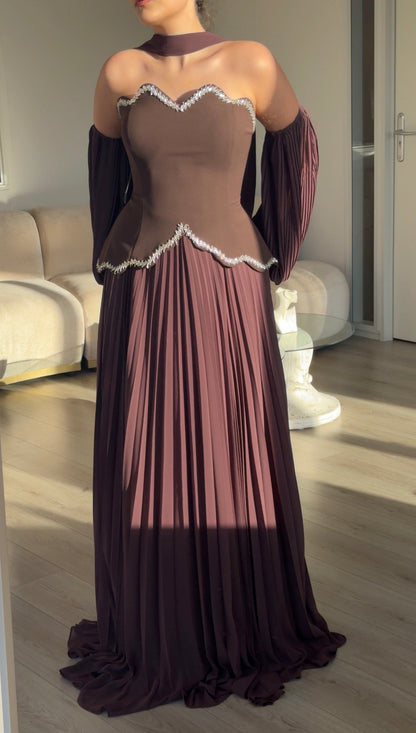 Pleated Maxi Evening Dress with Scalloped Crystal Trim