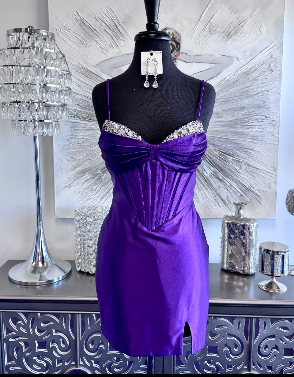 Beaded Corset Satin Mini Dress with Slit