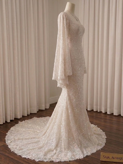Square Neck Mermaid Lace Wedding Dress with Bell Sleeves