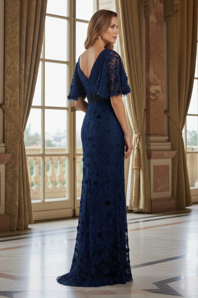 Lace Flutter Sleeve Gown with Beaded Waist