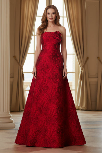 Strapless Floral Jacquard A-Line Evening Gown