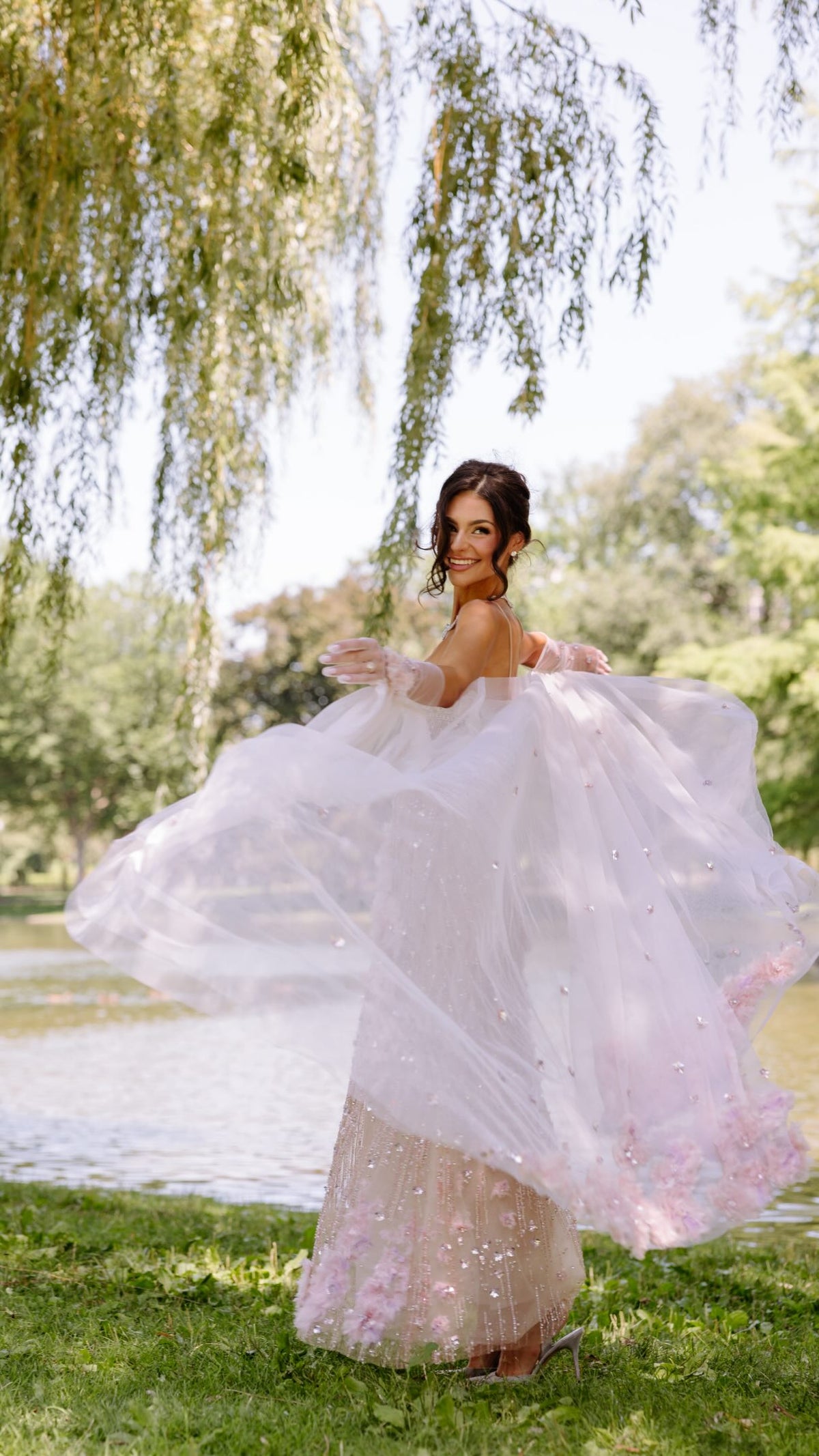 Beaded Fringe Column Gown with 3D Appliques