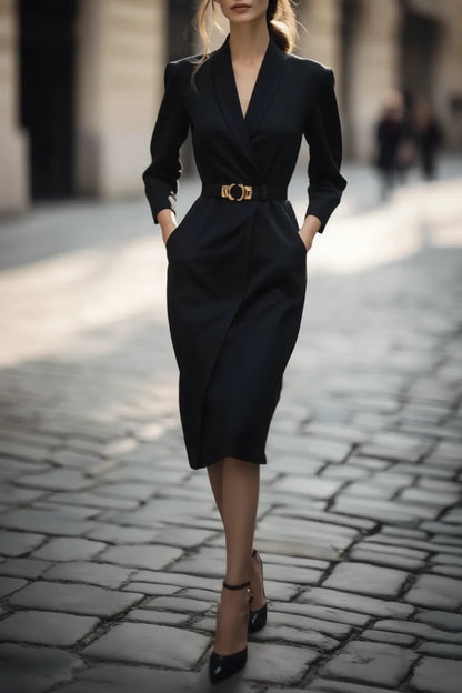 Belted Shawl Collar Wrap Midi Dress