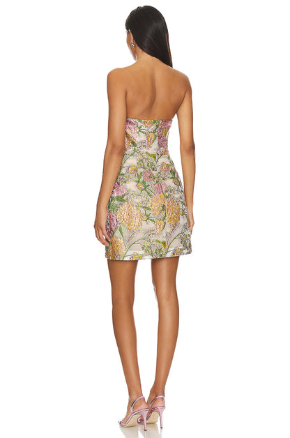 Strapless Metallic Jacquard Floral Mini Dress