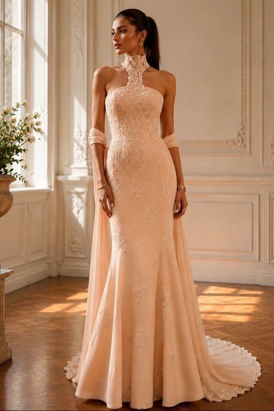 Lace Halter Mermaid Evening Gown with Draped Cape