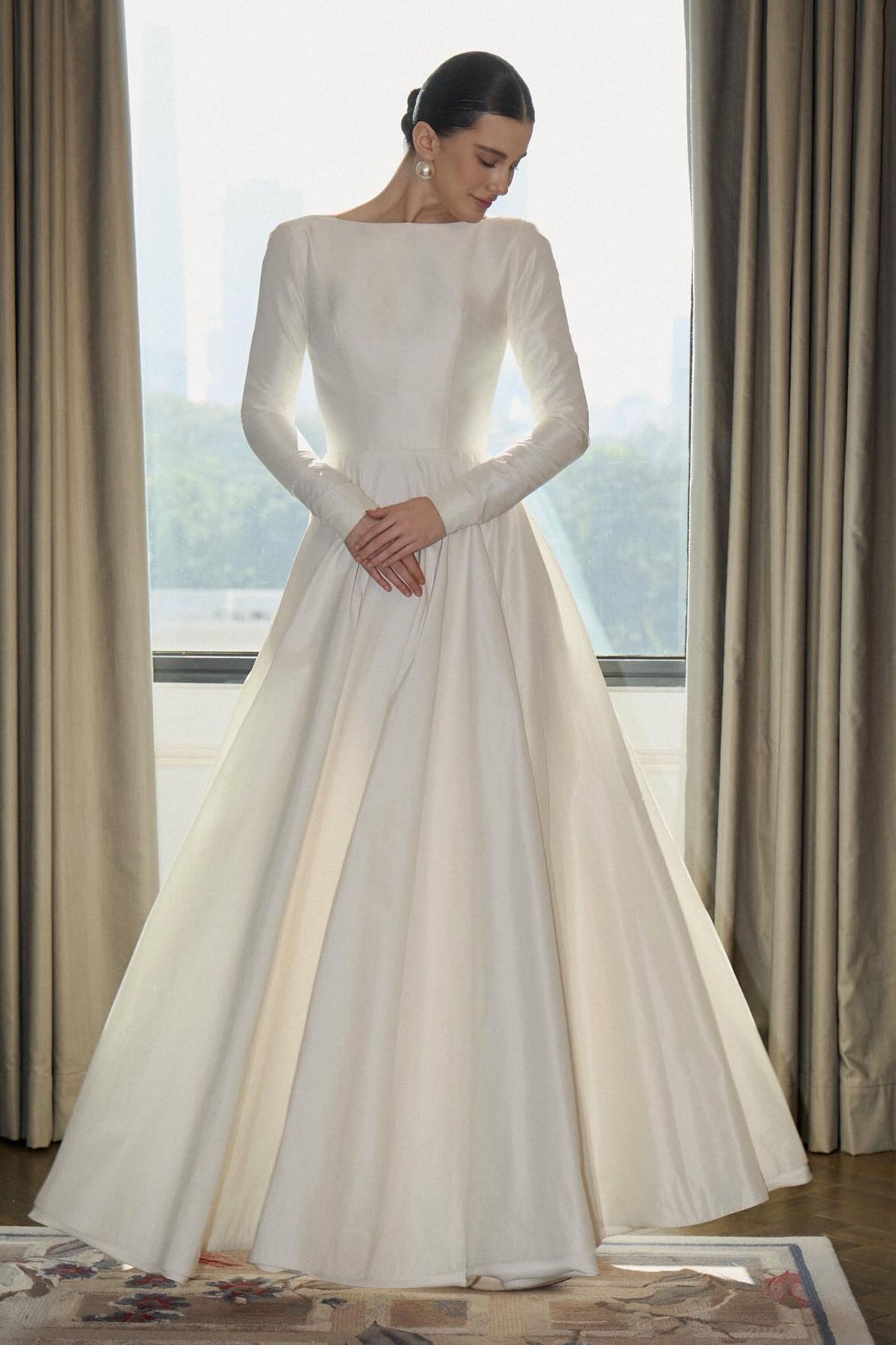 Minimalist Bateau Neck Long Sleeve A-Line Wedding Dress