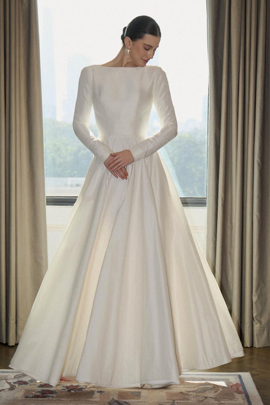 Minimalist Bateau Neck Long Sleeve A-Line Wedding Dress