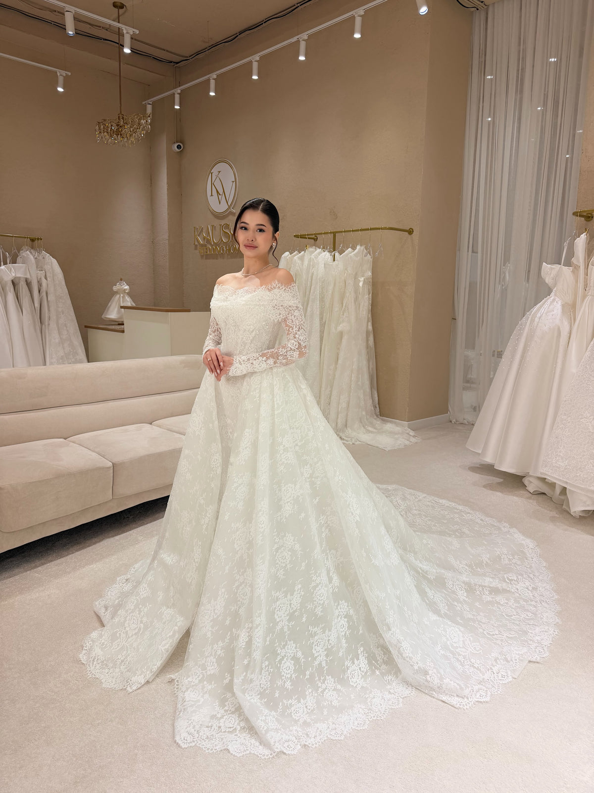 Off-the-Shoulder Lace Wedding Dress with Overskirt