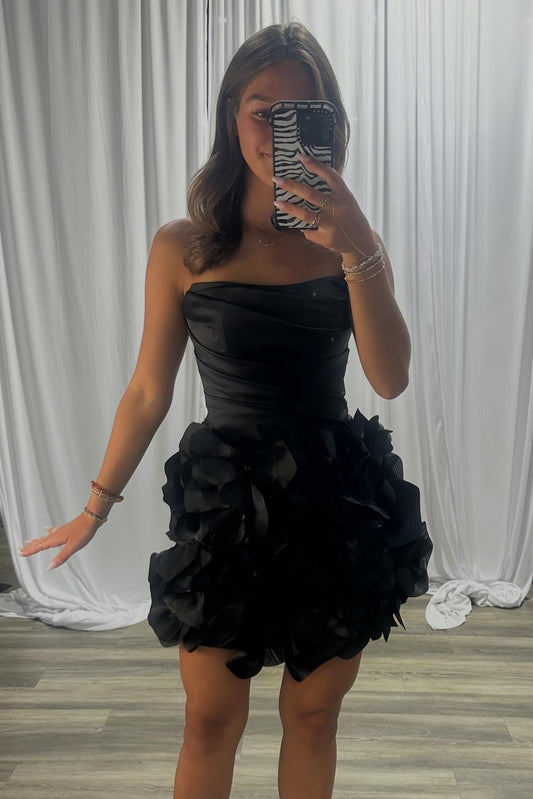 Strapless Ruched Satin Mini Dress with 3D Floral Skirt