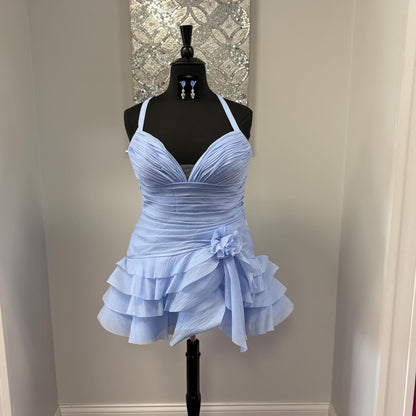 Ruched Halter Mini Dress with 3D Flower Detail