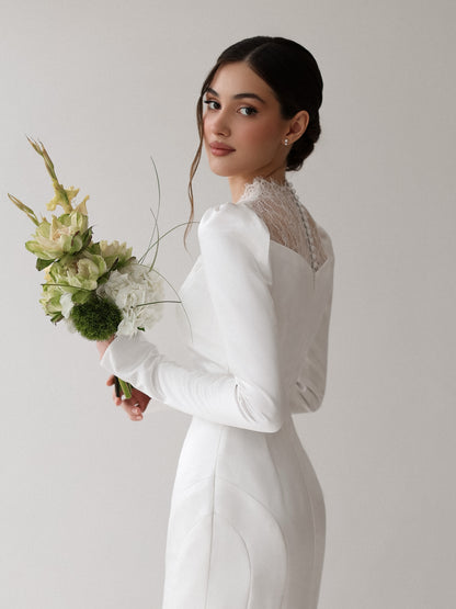 Long Sleeve Mermaid Wedding Dress with Lace Inset