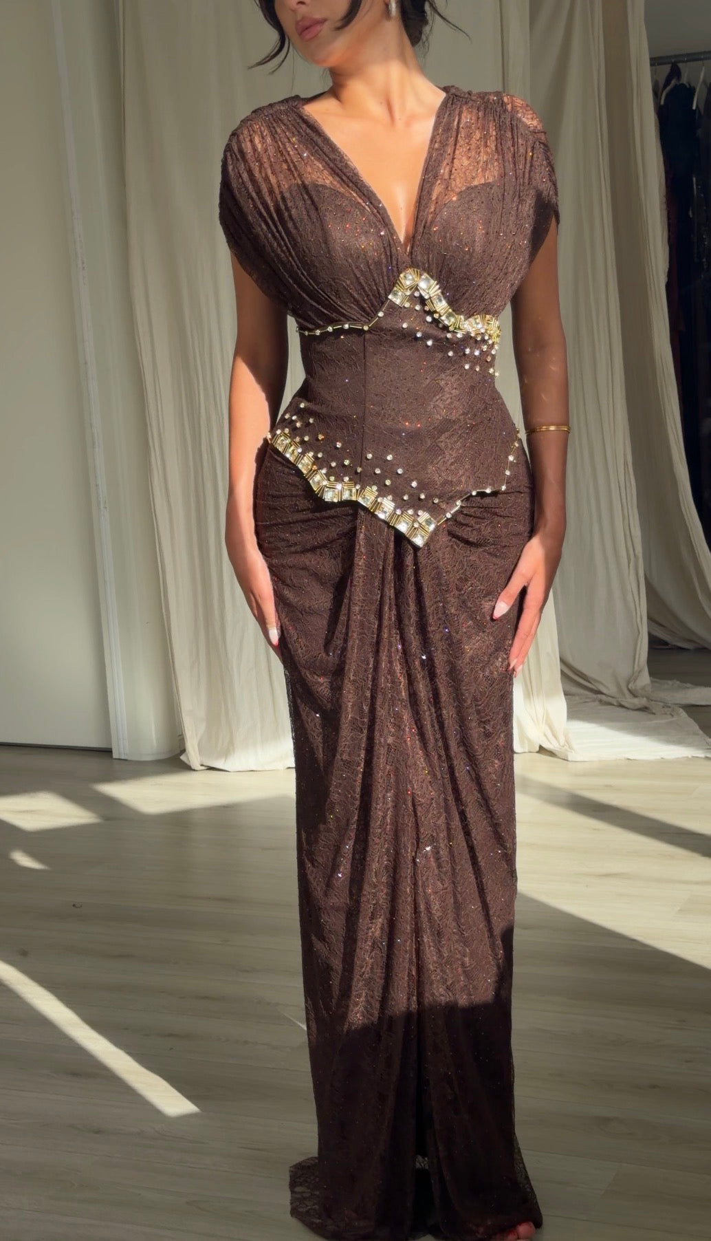 Off-Shoulder Ruched Gown with Crystal Trim