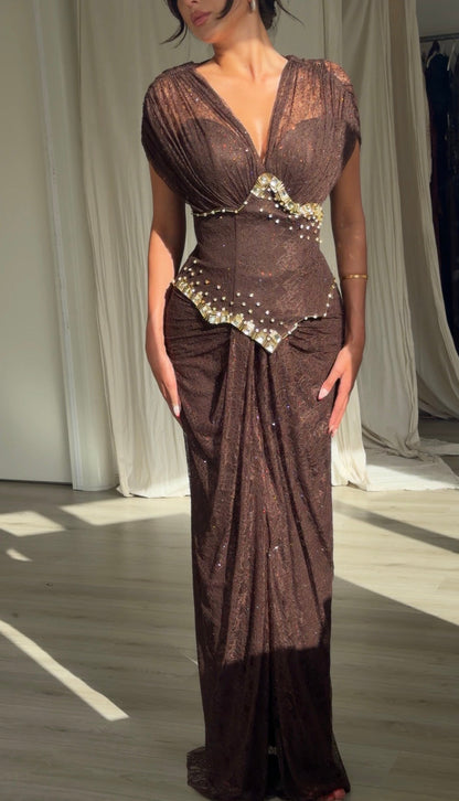 Off-Shoulder Ruched Gown with Crystal Trim