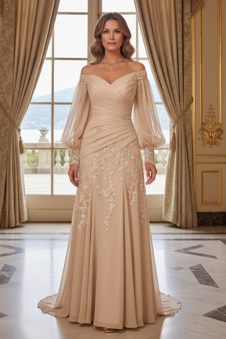 Off-the-Shoulder Pleated Gown with Illusion Sleeves