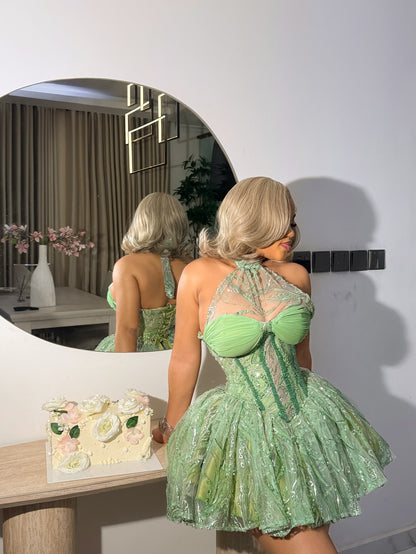 Halter Neck Corset Mini Dress with Voluminous Skirt