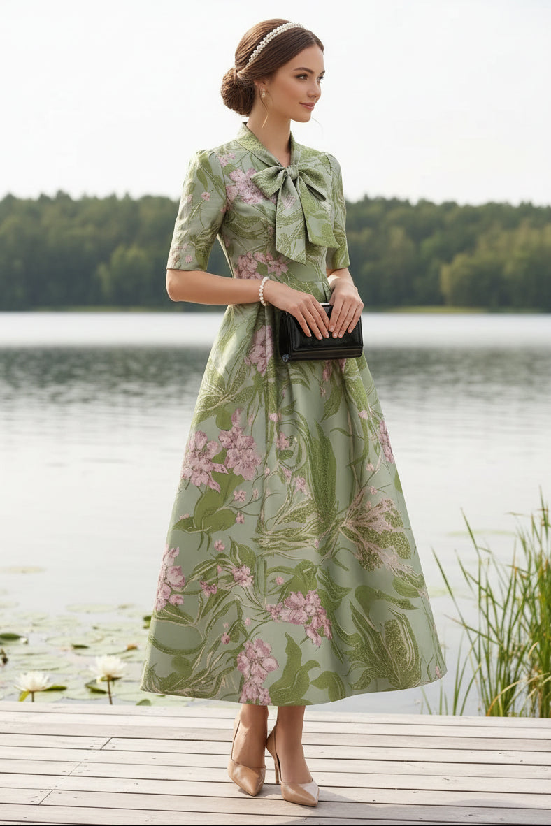 Green Floral Jacquard Tea-Length Mother of the Bride Dress with Bow & Pockets