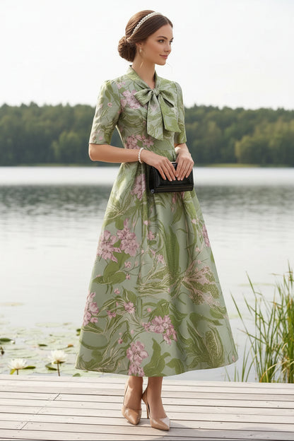 Green Floral Jacquard Tea-Length Mother of the Bride Dress with Bow & Pockets