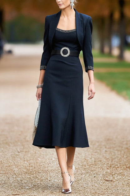 Midi Dress with Bolero Jacket & Buckle Belt