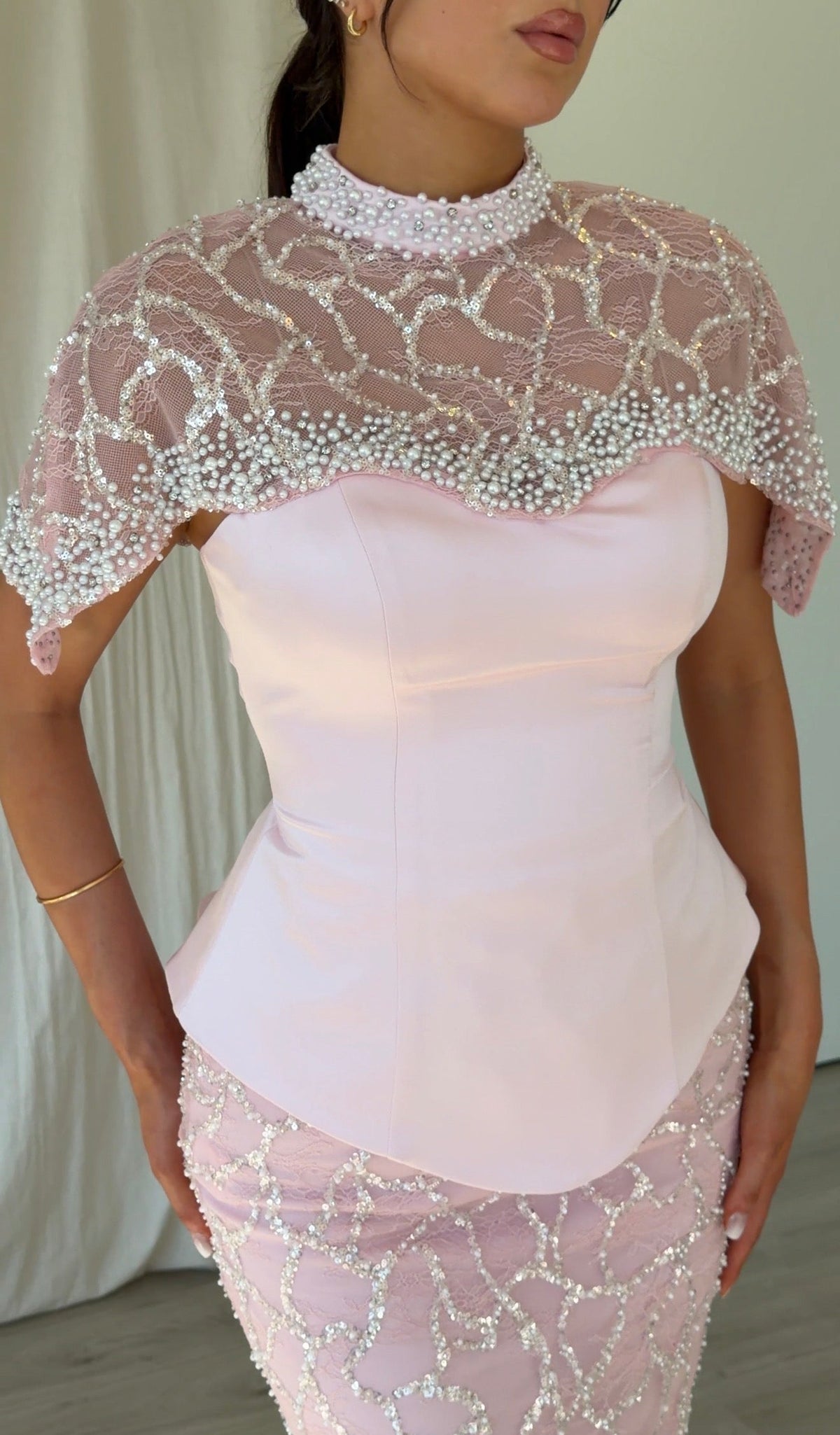 Peplum Mermaid Gown with Pearl Capelet