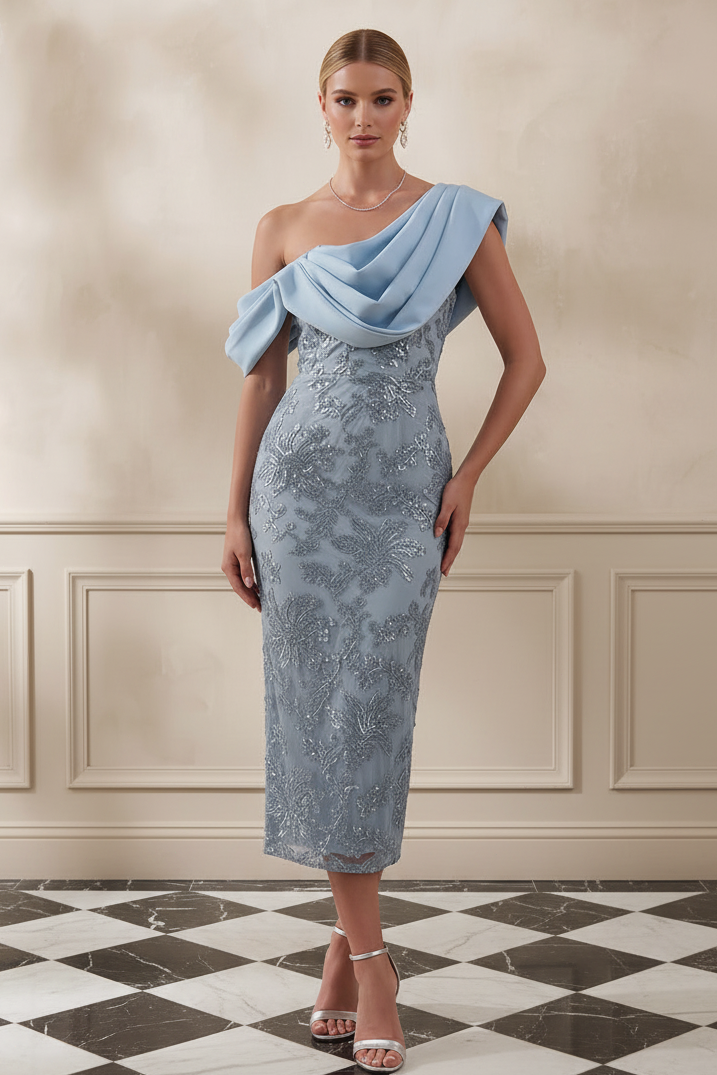 Asymmetric Draped Sequin Lace Midi Dress