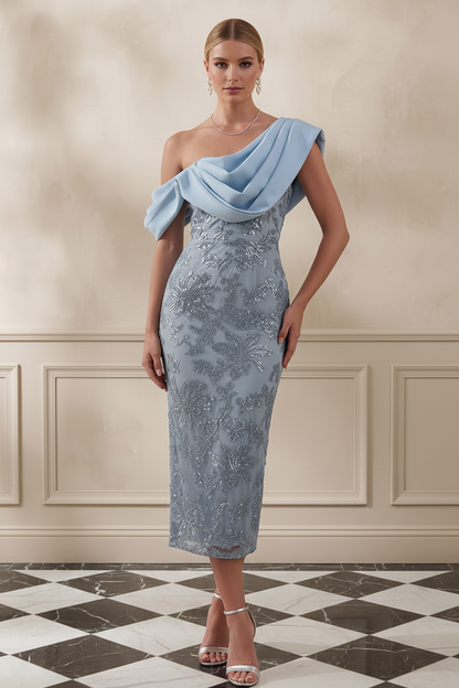 Asymmetric Draped Sequin Lace Midi Dress