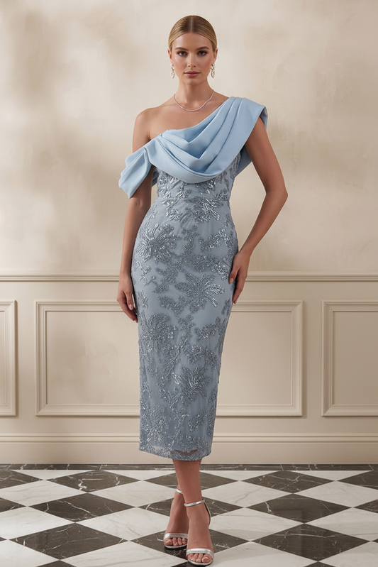 Asymmetric Draped Sequin Lace Midi Dress