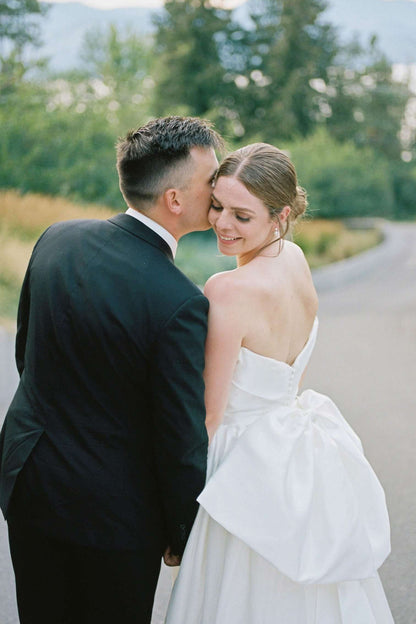 Strapless Satin A-Line Wedding Dress with Bow Train