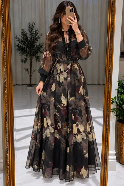 Floral Print Beaded Long Sleeve Chiffon Maxi Dress