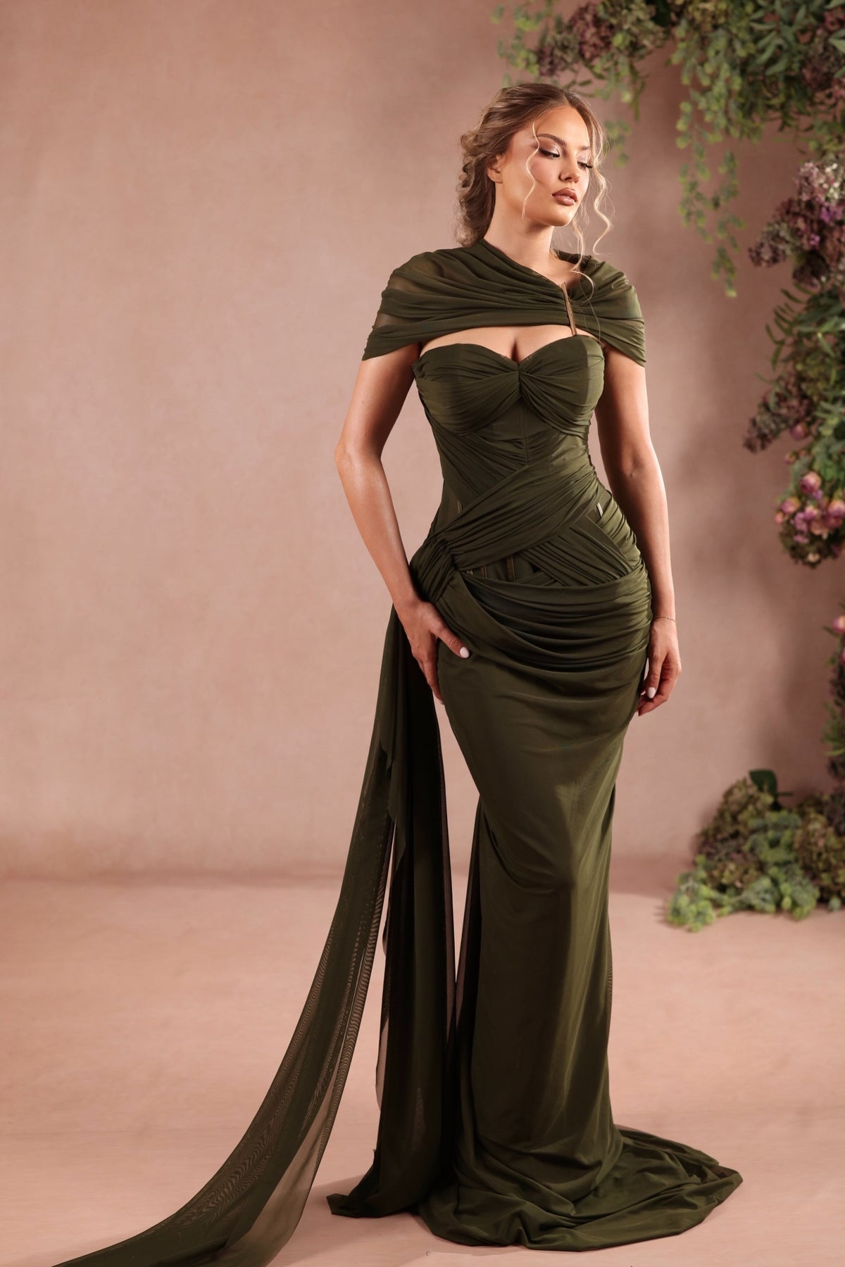 Ruched Corset Evening Gown with Draped Shawl