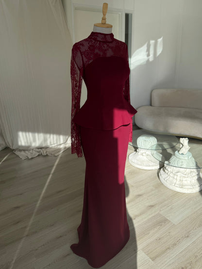 Lace Illusion High Neck Peplum Mermaid Gown